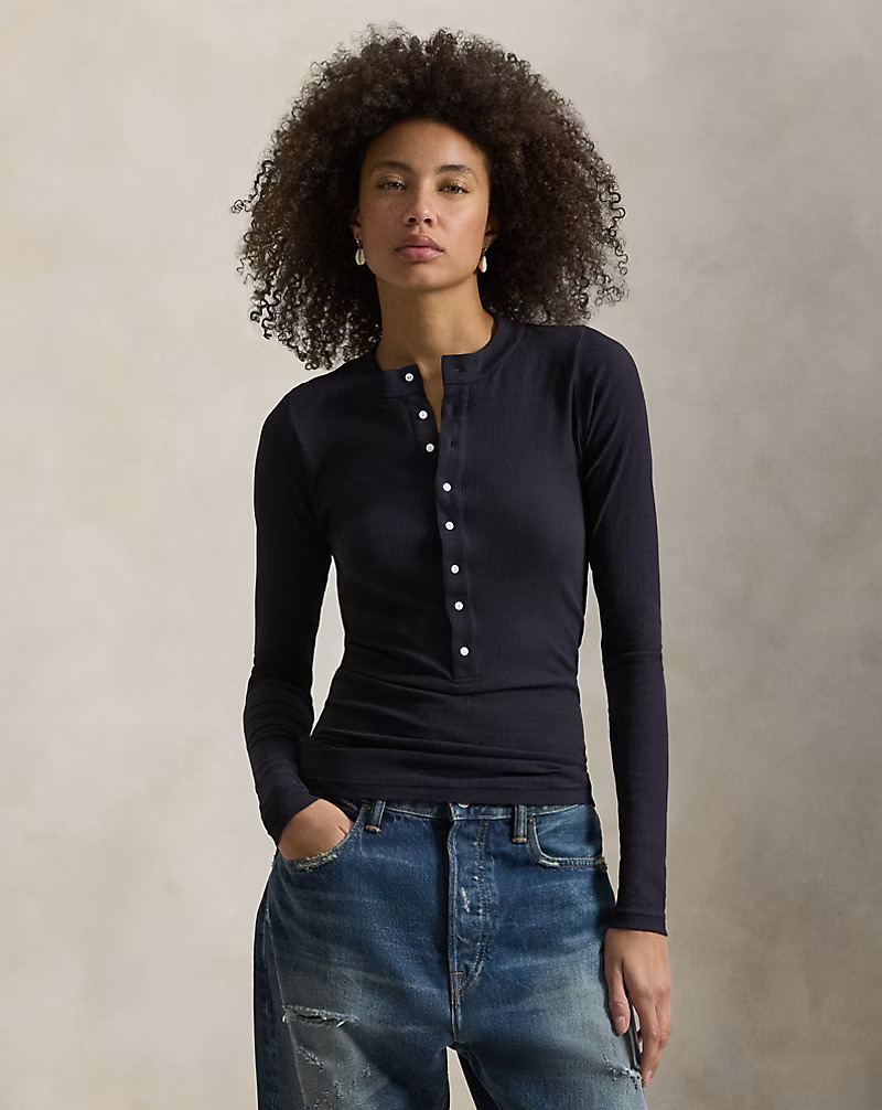 Ribbed Crepe Henley Shirt